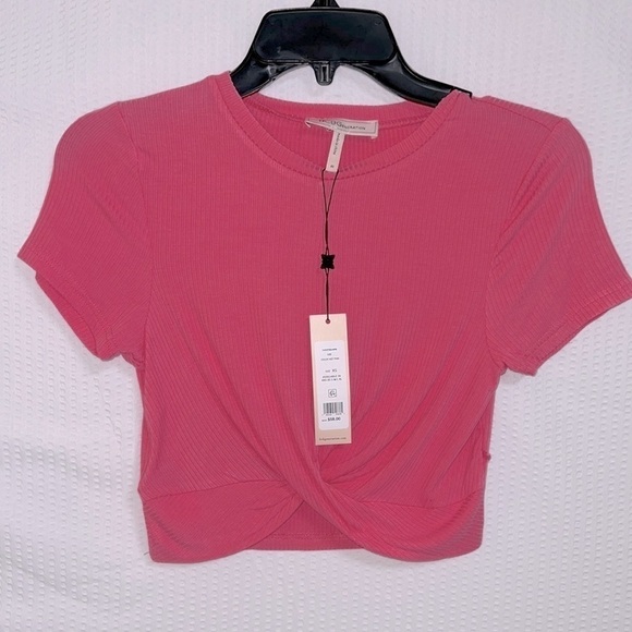 BCBGeneration Hot Pink Ribbed Cross Twist Front Crop T-Shirt Top - X Small, NWT - Picture 2 of 9
